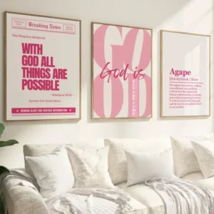 Pink Christian Wall Art Set of 3 – “With God All Things Are Possible”, “God Is Good All The Time” & “Agape” Scripture Prints