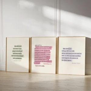 Bible Verse Wall Art Set of 3 – Minimalist Scripture Prints with Pastel Highlights for Christian Home Decor