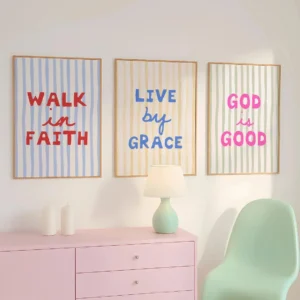Retro Christian Wall Art Set of 3 – “Walk in Faith”, “Live by Grace” & “God is Good” Pastel Scripture Prints