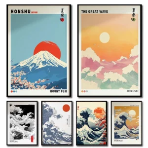 Japanese Vintage Landscape Wall Art – Mount Fuji, Ocean Wave & Sunrise Posters for Living Room Decor
