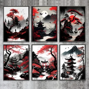 Red Black Japanese Temple Wall Art Prints – Vintage Ink Landscape Posters with Mountains, Pagoda & Torii Gate for Modern Home Decor