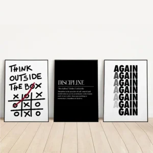 Motivational Discipline Wall Art Set – “Think Outside the Box”, “Discipline” & “Again Again Again” Success Quote Prints