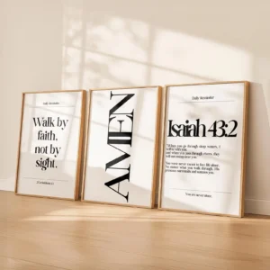 Minimalist Christian Wall Art Set of 3 – “Walk by Faith”, “Amen” & Isaiah 43:2 Scripture Prints for Modern Home Decor