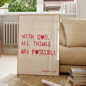 “With God All Things Are Possible” Wall Art – Matthew 19:26 Christian Scripture Print for Minimalist Home Decor