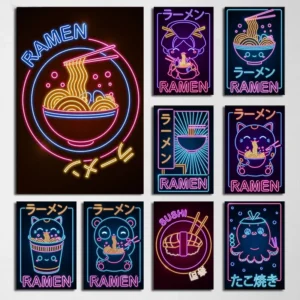 Kawaii Neon Japanese Wall Art Collection – Ramen Cat, Sushi & Anime Food Posters for Bedroom, Kitchen & Gaming Room Decor