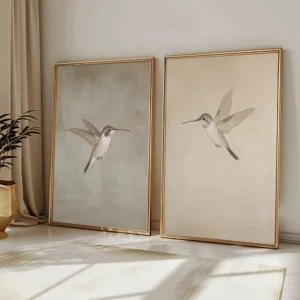 Hummingbird Wall Art Set of 2 – Minimalist Bird Canvas Prints for Neutral Farmhouse, Bedroom & Living Room Decor