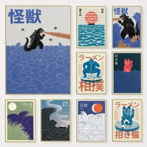 Modern Japanese Wall Art Collection – Retro Tokyo, Wave, Mount Fuji & Kaiju-Inspired Posters for Living Room Decor