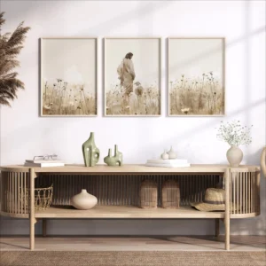 Jesus the Good Shepherd Wall Art Set of 3 – Neutral Beige Christian Canvas Prints for Peaceful Home Decor