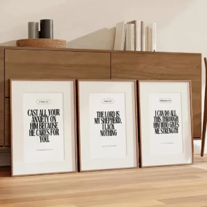 Minimalist Bible Verse Wall Art Set of 3 – “Cast Your Anxiety”, Psalm 23 & Philippians 4:13 Christian Prints