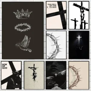 Modern Christian Wall Art – Minimalist Black and White Jesus Cross & Crown of Thorns Prints Set