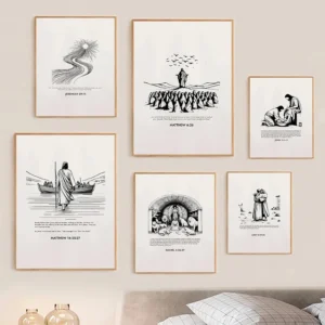 Minimalist Christian Bible Story Wall Art Prints – Jesus Walking on Water, Consider the Birds & Scripture Line Art Posters