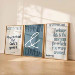 Chosen and Loved Christian Wall Art Set of 3 – Blue Scripture Quote Prints for Living Room, Bedroom & Prayer Room Decor