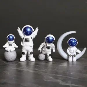 Astronaut Figurine Set of 4 – Cute Space Explorer Mini Statues with Moon Decor for Kids Room, Desk & Shelf Display