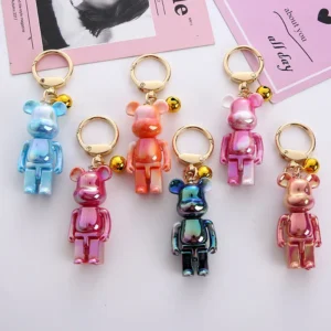 Colorful Bear Brick Keychain – Cute Iridescent Teddy Bear Charm with Gold Ring for Bags, Keys & Backpacks