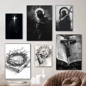Black and White Christian Wall Art Set – Jesus Cross, Crown of Thorns & Prayer Prints for Faith Home Decor