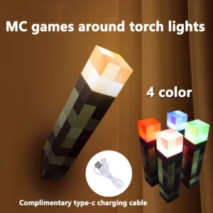 Pixel Game Torch Night Light – USB Rechargeable LED Block Torch Lamp for Kids Bedroom, Gaming Room & Desk Decor