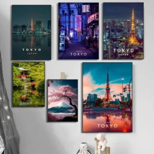 Japan Travel Wall Art Prints – Tokyo Tower, Mount Fuji, Kyoto Temple & Sakura Landscape Posters for Modern Home Decor