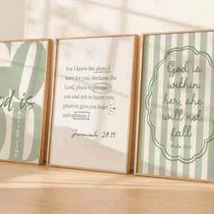 Modern Christian Wall Art Set of 3 – Sage Green Bible Verse Prints with Jeremiah 29:11, Psalm 46:5 & God Is Good Decor