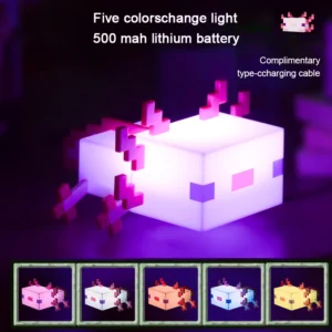 Pixel Axolotl Night Light – Cute Rechargeable Block-Style LED Lamp with 5 Color Modes for Kids Room, Desk & Gaming Decor